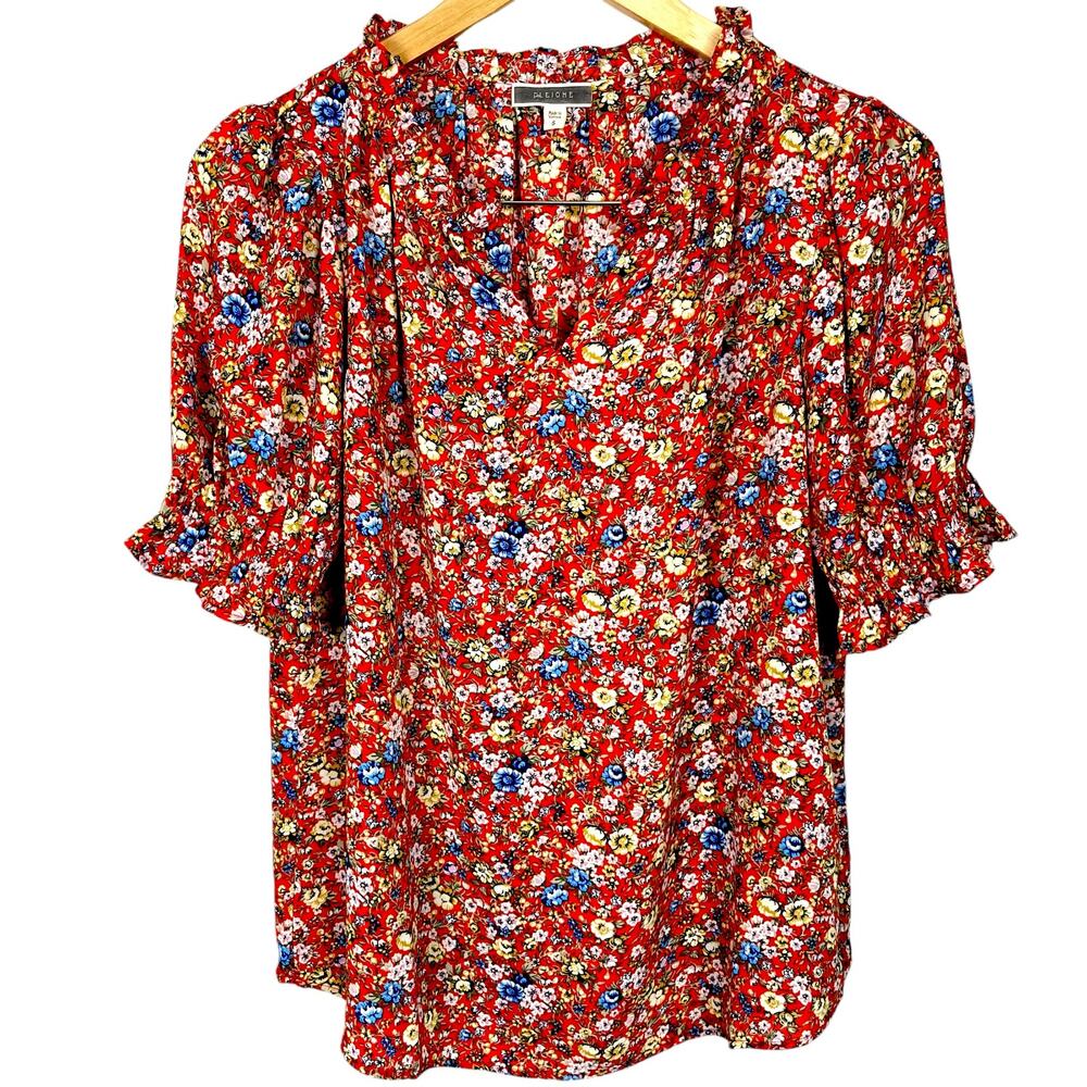 Pleione Women's Micro Floral Ruffle Short Sleeve Red Blue Yellow Sz S